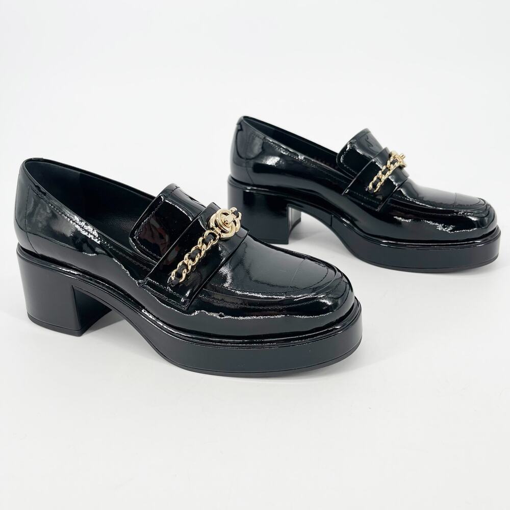 Chanel Fall Winter 2024 Black Patent CC Chain Platform Loafers EU 37 New In Box - Picture 2 of 12